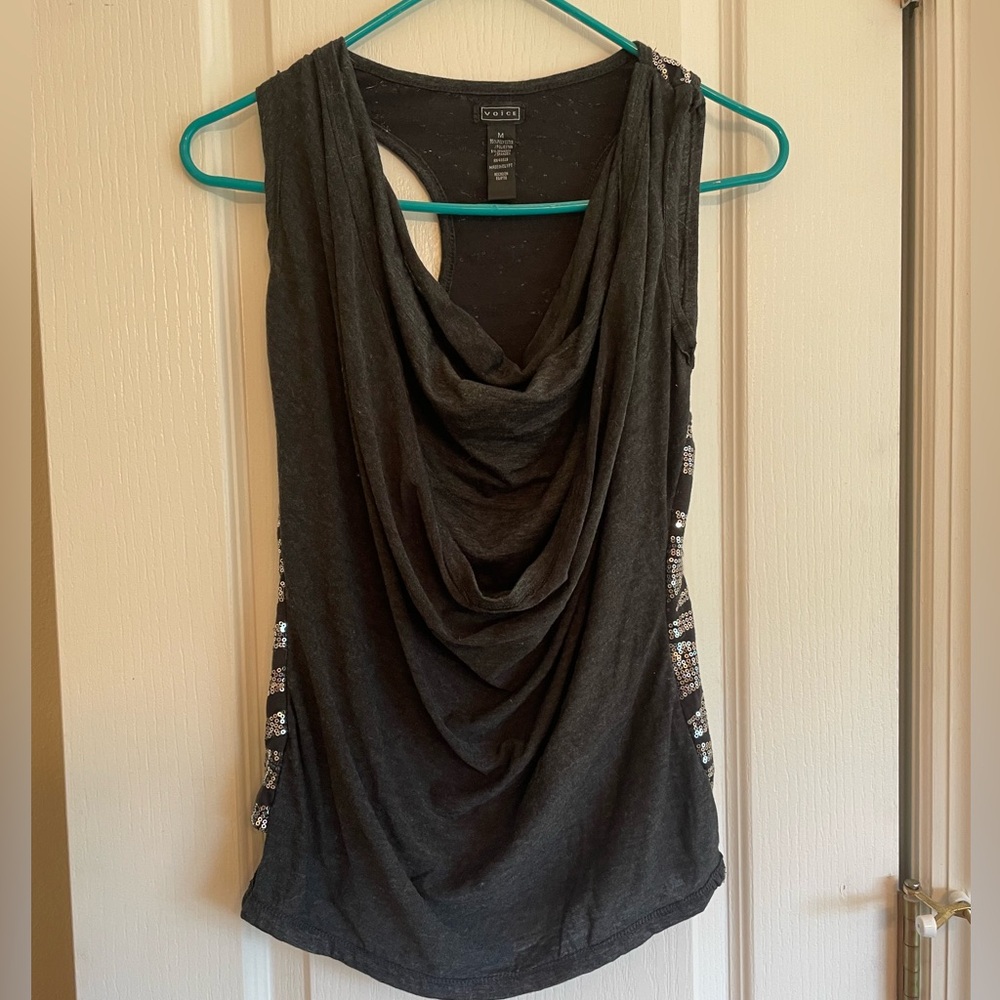 Y2K cowl neck sequin razorback shirt